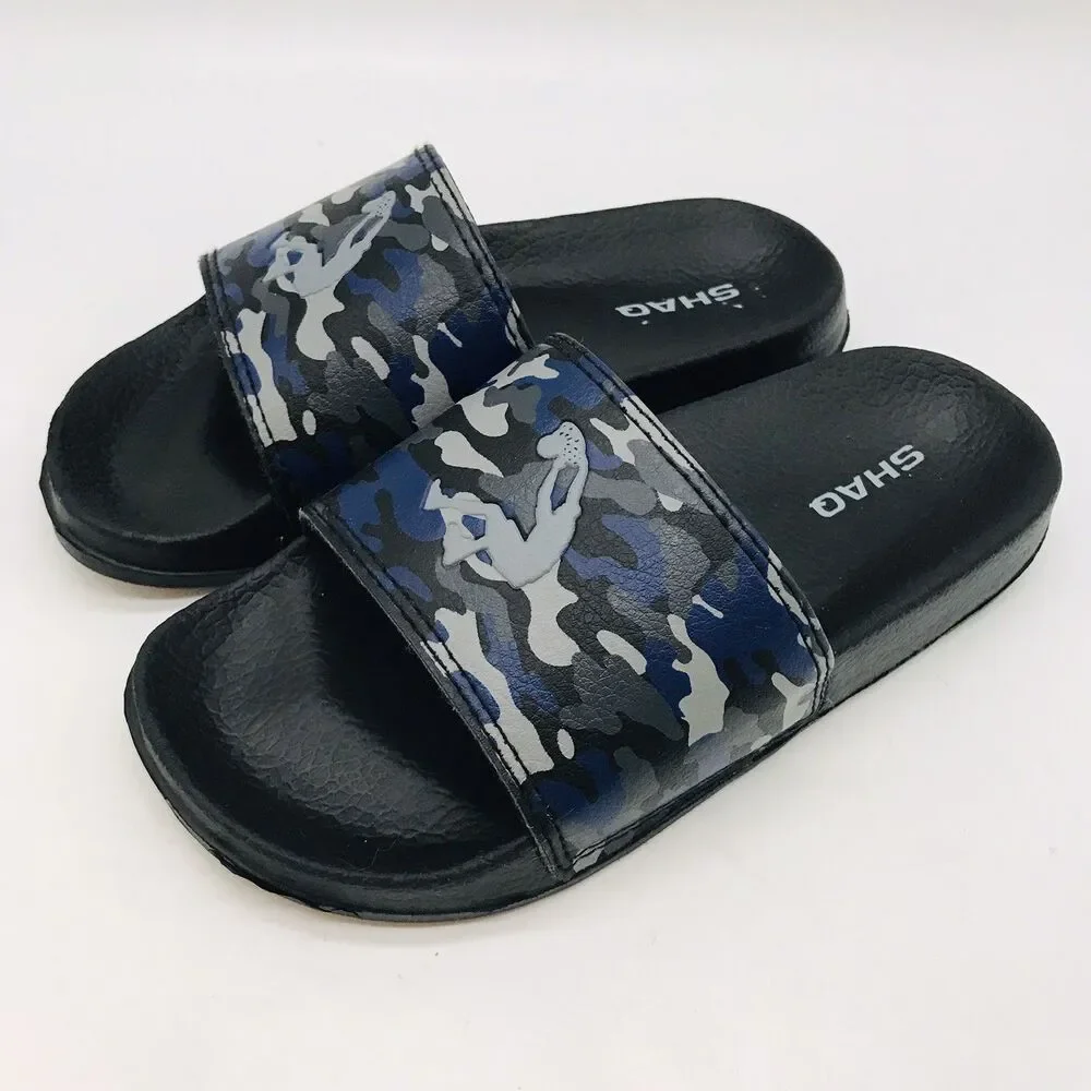 Shaq Camo Wide Strap Slides Children's size 1 Black & Gray Sandals Beach Shoes